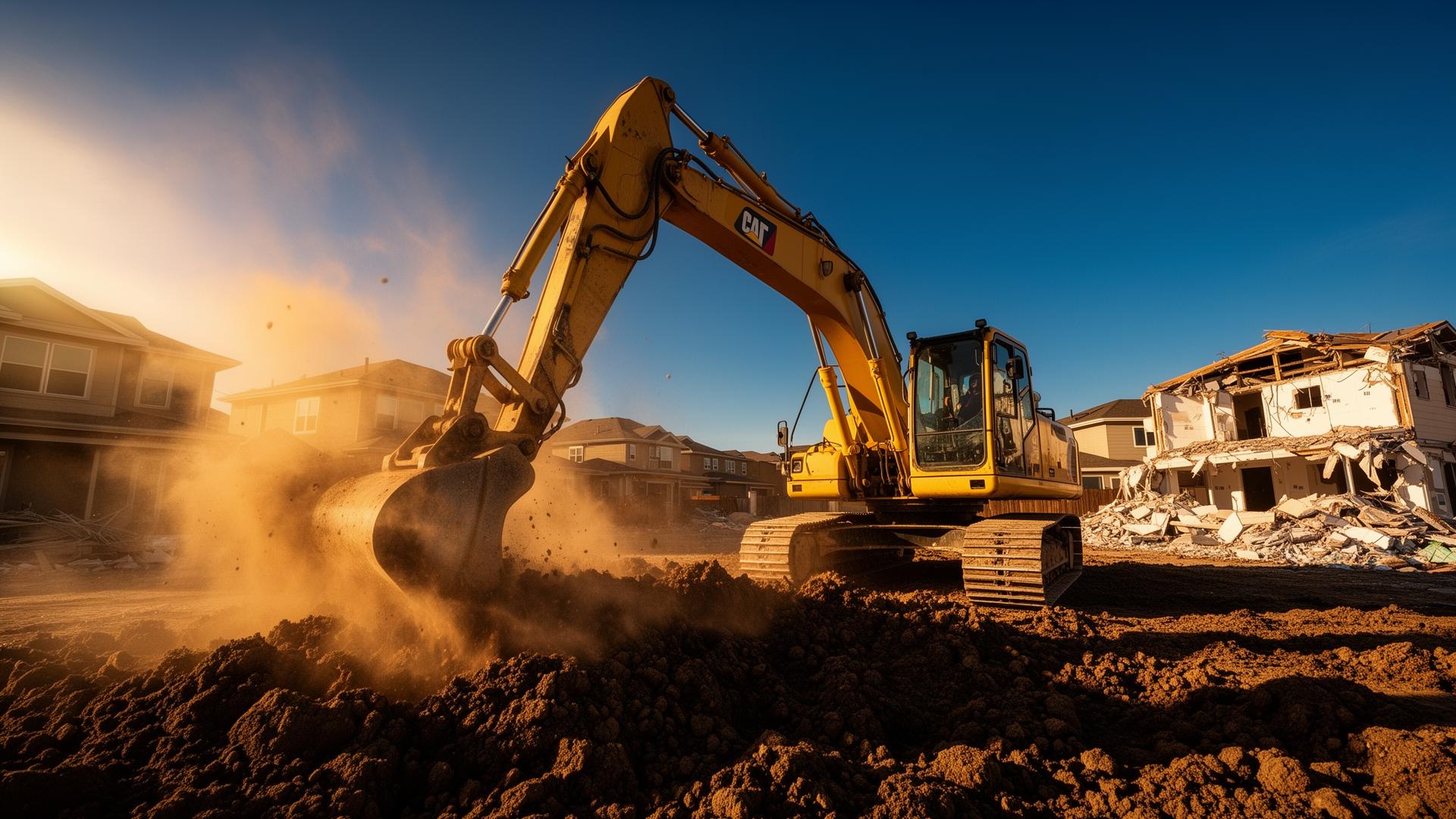 Yellow excavator digging on a residential jobsite